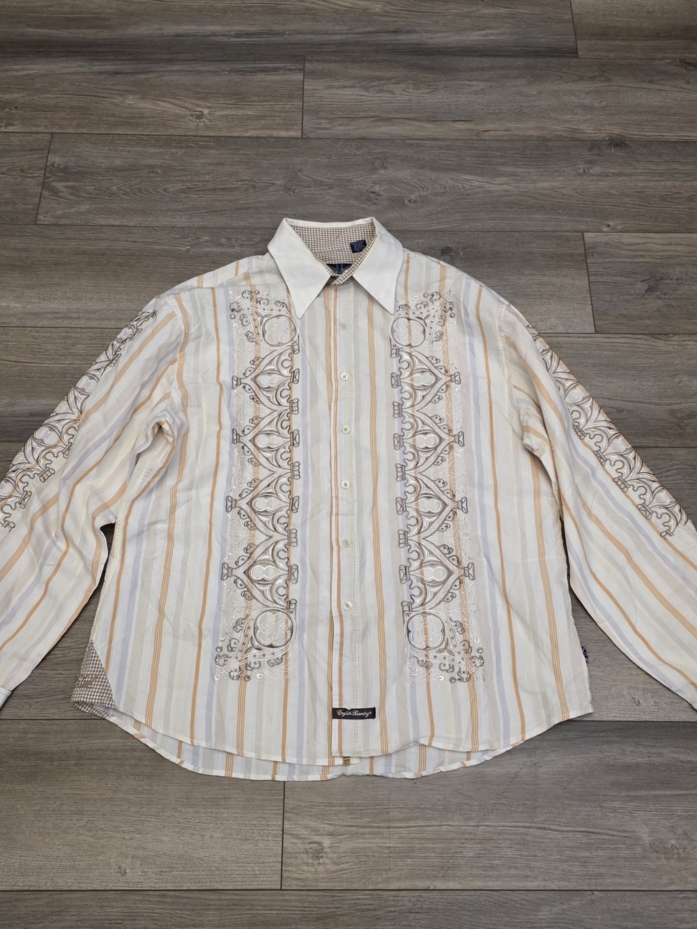 Light Cream & Tan Striped Long‑Sleeve Shirt with Embroidered Detail